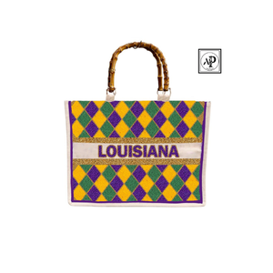 Bolso tote de Mardi Gras de Nueva Orleans hecho a mano con cuentas, colores vibrantes, asas de bambú y diseño de lona resistente para una moda festiva. - Product Image 6