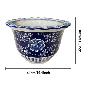 Maceta Grande de Porcelana Azul y Blanca con Borde Ondulado, Maceta de <span class=keywords><strong>Cerámica</strong></span> Esmaltada para Interiores y Exteriores, Venta al por Mayor OEM - Product Image 2