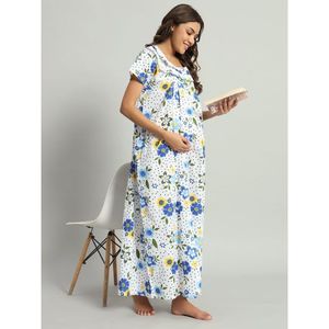 Camisón de Encaje 100% Algodón para Mujer, Mangas Medias, Largo Completo, Tela Transpirable, Estampado Floral, Elegante, para Verano, Otoño y Primavera - Product Image 1