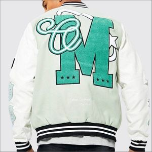 Chaqueta universitaria blanca y verde con soporte de invierno para hombre, parches bordados en la parte delantera, estilo Letterman, bombardero de béisbol, ropa de calle informal - Product Image 3
