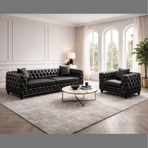 Juego de Sofás Chesterfield de Tela con Diseño Acolchado, Patas de Madera, Brazos Enrollados, Muebles de Sala de Estar, Estilo Contemporáneo, Esponja de Madera, Villa - Product Image 4