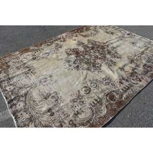 Turkish Vintage Rug, 6.6x9.3 ft Rug, <b>Brown</b> White Striped <b>Wool</b> Rug - Product Image 4