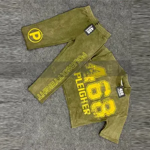 Franse Badstof Katoenen Polyester Mix Sweatsuit Hoge Kwaliteit Aangepaste Print Zuur Wassen Mode Ruw Borduurwerk Bijgesneden