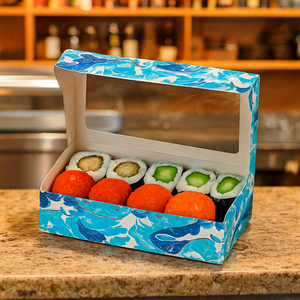 Boîtes à sushi en papier personnalisées recyclables imprimées en couleur avec fenêtre en plastique, gaufrage et revêtement UV - Product Image 5