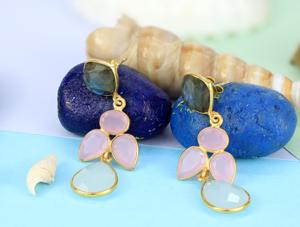 Pendientes de Plata de Ley S925 Chapados en Oro con Piedras Preciosas Semipreciosas Naturales de Labradorita Calcedonia con Corte Facetado - Product Image 5