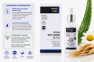 Suero Facial Detox Antienvejecimiento de Marca Privada 30ml OEM |   Ácido Hialurónico, Ginseng y Aloe Vera |   Vegano Orgánico |   Hecho en España, UE - Product Image 3