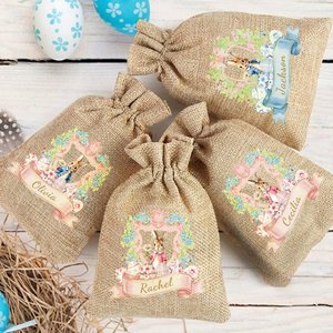 Personalized Cute Bunny Floral Wreath Ribbon Jute <b>Drawstring</b> Gift Bag Casual Name Custom Easter Hunting Party Bag for Boys Girls - Product Image 4
