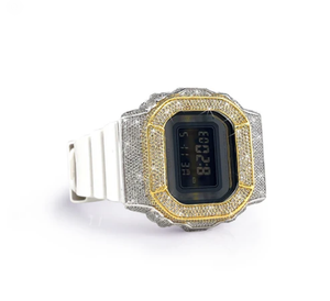 Montre à cadran doré et blanc avec boîtier en acier inoxydable et moissanite, forme ronde, résistance à l'eau 10 bars - Product Image 2