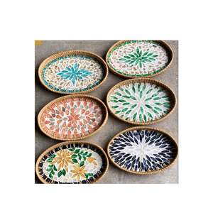 Decorative Round Rattan <b>Tray</b> with Mother Pearl Inlay Custom Size Mother of Pearl Inlay Rattan <b>Tray</b> Home Decoration - Product Image 3