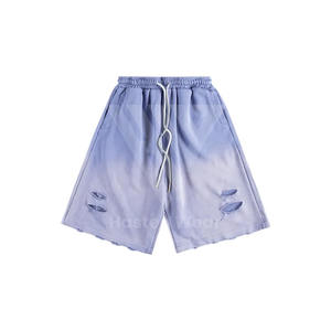 Qualité supérieure hommes détresse broderie taille élastique Shorts décontracté extérieur haute rue mode porter coupe ample toile solide - Product Image 4