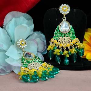 Traditional Indian Kundan <b>Earrings</b> with Coloured <b>Pearls</b> Beautiful <b>Dangle</b> Style for Wedding Celebrations - Product Image 3