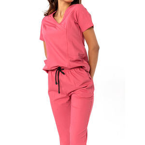 Costume de gommage médical rose pour femme respirant col en V hôpital combinaison de gommage médical avec poches pour infirmières et médecins - Product Image 3