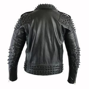 Veste en cuir noir pour hommes, meilleure qualité, clous, patchs de broderie de style motard punk, style rétro lourd - Product Image 3