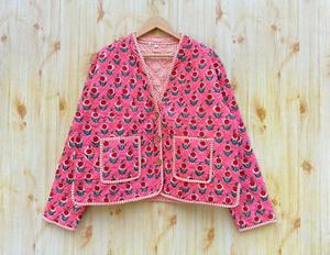 Indien main bloc imprimé motif floral réversible matelassé Kimono Style coton veste pour femmes toutes saisons bouton décontracté - Product Image 3