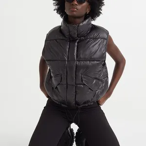 Trendy Stijl Custom Made Bont Capuchon Puffer Vest Voor Dames Gemaakt Met Zachte Stof Effen Kleur Mouwloze Jas