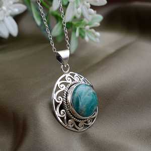 <b>Boho</b> Amazonite <b>Necklace</b> Ethnic Brass Jewelry Women Silver Plated Filigree Pendant Tribal Circle Wholesale - Product Image 2