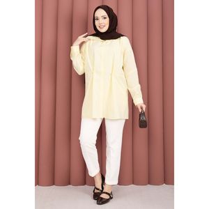 Camisa de popelina satinada amarilla para mujer, con cintura ajustable, botones, cuello de solapa, informal, en tallas XS, S, M, L, XL, 4XL, con logotipo bordado. - Product Image 3
