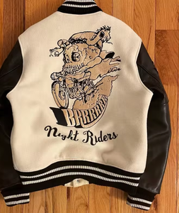 Veste universitaire inspirée de Letterman, manches en cuir, corps en laine, poignets côtelés, col à boutons-pression, vêtements d'extérieur décontractés, fournisseur OEM ODM - Product Image 1