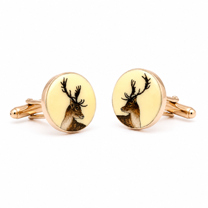 Mayrabygungun Stag Motif Brass <b>Cufflinks</b> with Hand Painted Enamel and <b>Rose</b> <b>Gold</b> Finish Made in Rajasthan - Product Image 1