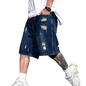 Pantalones Cortos de Mezclilla Azul Oscuro para Hombre, Desgastados, Rotos, Lavados, de Corte Holgado, Hasta la Rodilla, Estilo Casual Urbano, Moda de Verano - Product Image 4