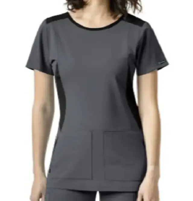 최고 판매 최신 컬렉션 드롭 숄더 모의 랩 디자인 여성 보트 넥 탑 스크럽 착용 포켓 의료 유니폼