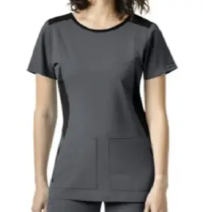 La più venduta ultima collezione Drop Shoulder Mock Wrap Design Women Boat Neck Top Scrub Wear uniforme medica con tasche