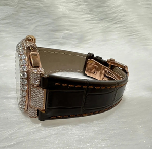 นาฬิกาข้อมือหนังแท้ประดับเพชรแบบตั้งวันที่อัตโนมัติขายดีที่สุด ขอบหน้าปัดประดับเพชรเต็มแบบฮิปฮอป นาฬิกาจักรกลสุดหรู - Product Image 3