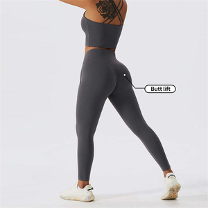 Conjunto de entrenamiento sin costuras de cintura alta, mallas deportivas ligeras y transpirables, Sujetador deportivo acolchado, diseño de patrón sólido a la moda - Product Image 3