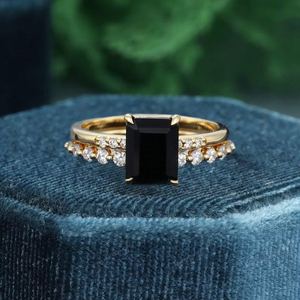 Black Onyx Ring Emerald Cut Ring Set Of 2PCS 925 Sterling <b>Silver</b> 14K Gold Plated Wedding Anniversary Ring - Product Image 1