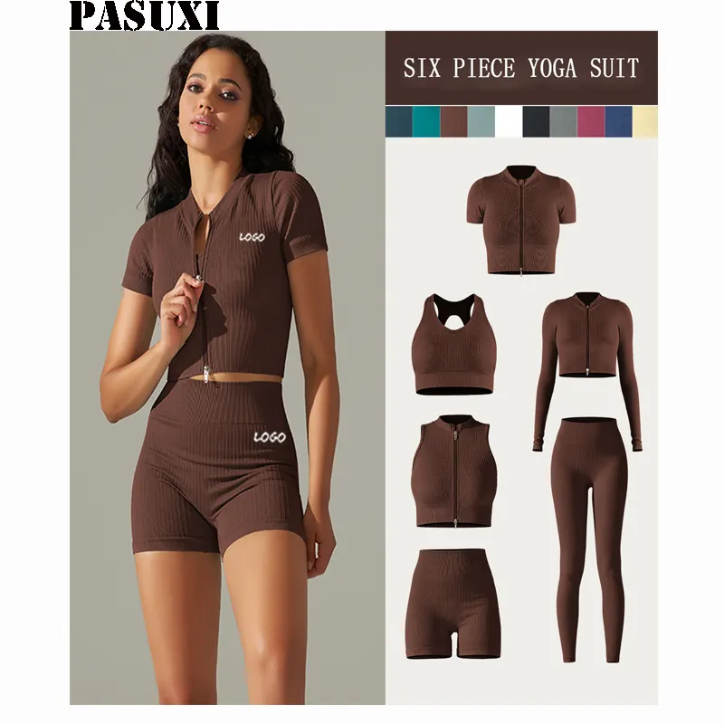 PASUXI Custom Gym Hochwertige 6-teilige Fitness-Yoga-Kleidung Nachhaltige Fitness-Trainings kleidung Nahtlose, gerippte Yoga-Sets