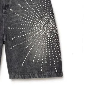 Fabricante de mezclilla Streetwear Custom Vintage Wash Shorts Hombres Jeans Shorts con diamantes de imitación Pantalones cortos de mezclilla - Product Image 5