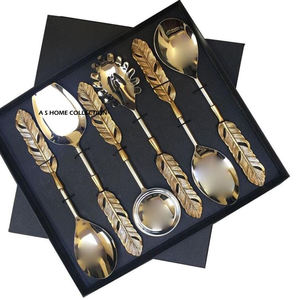 Wholesale Salad Serving Spoon Set of 6 with Black Gift Box <b>Mirrored</b> Steel <b>Vintage</b> Luxury Serving Spoon with <b>Gold</b> Metal Handle - Product Image 3