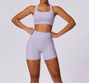 Nueva marca de venta al por mayor de ropa deportiva Scrunch Butt Shorts 2 piezas Set Plus Size Cross Back Bra Fitness Yoga Sets para mujeres - Product Image 4