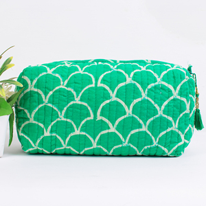 Indian Green Biodegradable Zippered Quilted <b>Women</b> Fashion <b>Makeup</b> Bag <b>Set</b> Three Handmade Block Print Large Cosmetic Pouch - Product Image 5