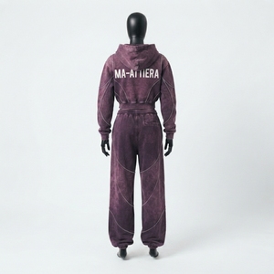 Conjunto de Sudadera Corta con Cremallera y Pantalones Jogger de Pierna Ancha para Mujer, Morado, con Lavado Ácido, de Algodón y Felpa, Estilo Urbano, OEM al por Mayor - Product Image 3