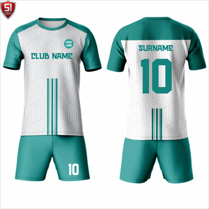 ชุดฟุตบอลแบบกำหนดเอง เสื้อแขนสั้นและกางเกงขาสั้น สีเขียวขาว ลายเรขาคณิต ชุดทีม - Product Image 1