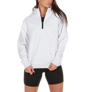 Sudadera con cremallera 1/4 para mujer, logotipo personalizado, cuello alto gris, lana de algodón liso, jersey de media cremallera de otoño - Product Image 4