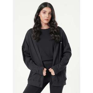 Cardigan long noir côtelé pour femme, à manches longues, épaules tombantes, style minimaliste et décontracté - Product Image 1