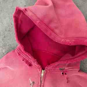 Winter Oversized Heavyweight Fleece Distressed Acid Wash <b>Vintage</b> <b>Zip</b> <b>up</b> Custom Ripped Streetwear <b>Hoodies</b> for Men - Product Image 2