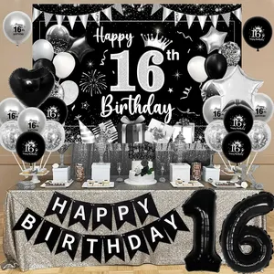 Joyeux <span class=keywords><strong>anniversaire</strong></span> bannière gâteau Topper 16 ballons en aluminium noir et argent 16e <span class=keywords><strong>anniversaire</strong></span> décorations pour garçons filles - Product Image 2