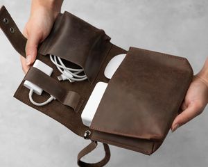 Leather <b>Charger</b> And <b>Cable</b> Organizer Travel Electronics Bag Holder Case Travel Clutch LCH-0015B - Product Image 5