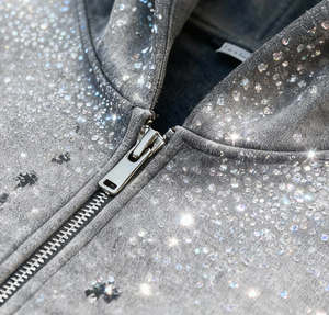 <b>Top</b> Supplier Streetwear <b>Cropped</b> Heavyweight Cotton Quarter-Zip Embroidered Acid Wash Oversized Rhinestone Distressed Hoodie - Product Image 3