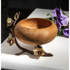 Cuenco de madera para servir, diseño de hoja de Metal dorado, frutas y ensaladas cuenco para servir, diseño antiguo, decoración del hogar, accesorio de comedor - Product Image 4