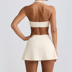Conjunto de Top Deportivo y Falda de Tenis con Cuello Halter en V de Color Sólido para Mujer, Cómodo, Elástico, de Secado Rápido, Ropa Deportiva Frontal para - Product Image 5