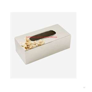 Boîte à mouchoirs en métal de table pour la maison avec accent floral doré Organisateur de mouchoirs au design élégant pour accessoire de salle de bain d'hôtel à bas prix - Product Image 1