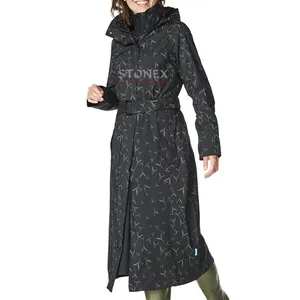 Long Rain Coat With Leaf Pattern For Women Breathable Cotton Lining Detachable Hood Female Rain Wears