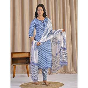 Conjunto de Kurta y Pantalón de Algodón Azul Claro con Estampado a Mano, Estilo Casual, Ropa India Hecha a Mano - Product Image 5