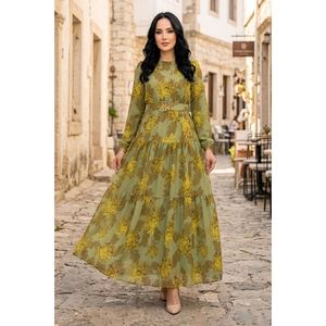 Vestido de Chifón con Estampado Floral Verde Oliva, Cinturón, Estilo Boho Vintage, Cuello Halter, Volantes, Diseño Natural Transpirable, Personalizado, Talla XS - Product Image 1