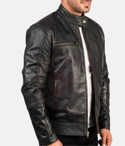 Veste en cuir de vache classique pour homme, style populaire haut de gamme, fabrication sur mesure en gros, col montant, logo frontal - Product Image 5