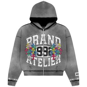 Manufacturer Custom Men's <b>Zip</b>-Up Streetwear <b>Hoodie</b> 100% Cotton Unlined Acid Wash Silk Screen Printing Embroidered <b>Pocket</b> - Product Image 6
